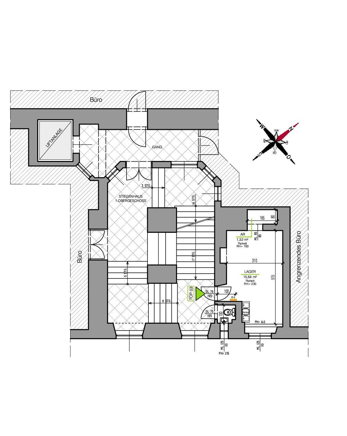 Grundriss des Obergeschosses mit Büroräumen, Lager, Treppenhaus und einer Liftanlage sowie einer Gästetoilette.