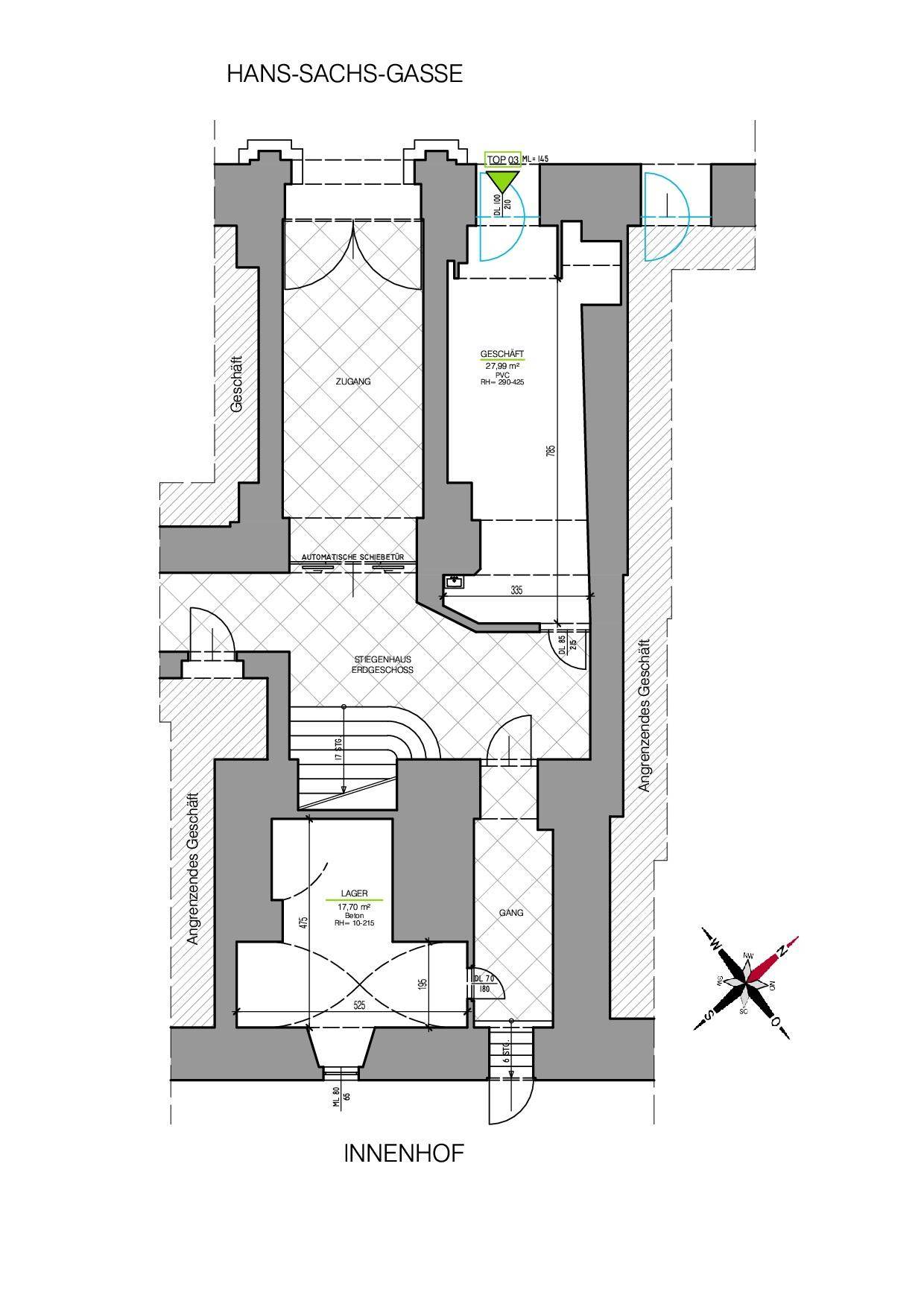 Grundriss des Erdgeschosses mit Geschäftsflächen, Lager und Zugang zum Innenhof sowie einem Treppenhaus.