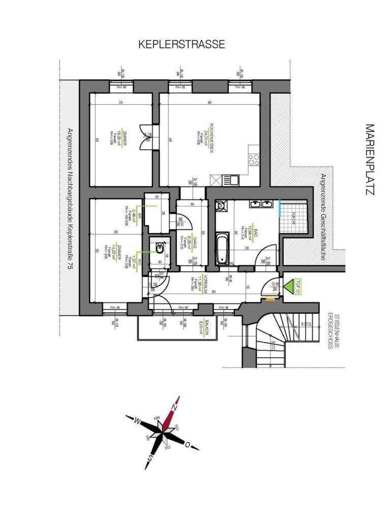 Grundriss der Wohnung mit mehreren Zimmern, Bad, Küche und Balkonzugang.
