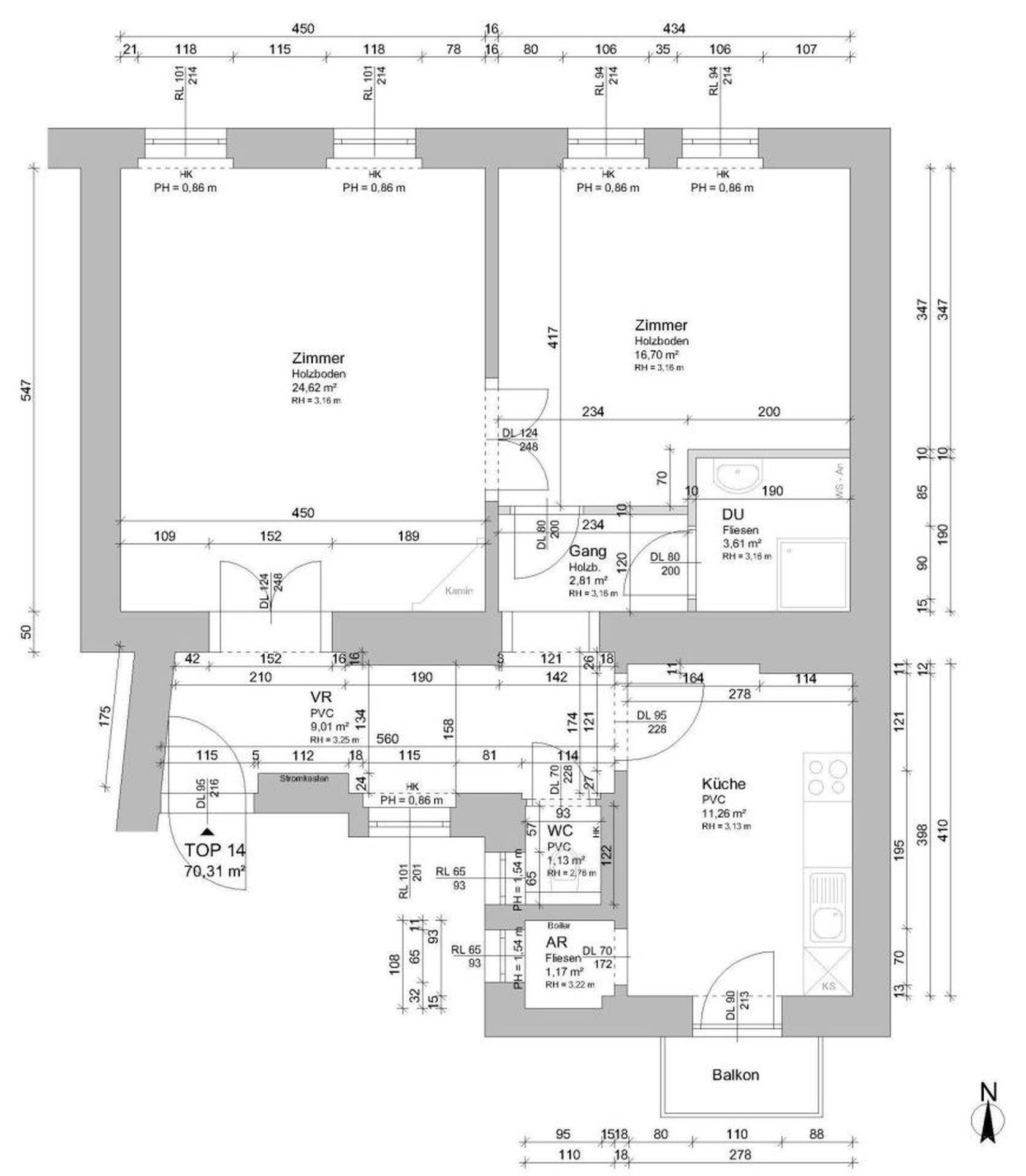 Detaillierter Grundriss der Wohnung mit Zimmern, Küche, Bad und Balkon, Gesamtfläche 70,31 m².