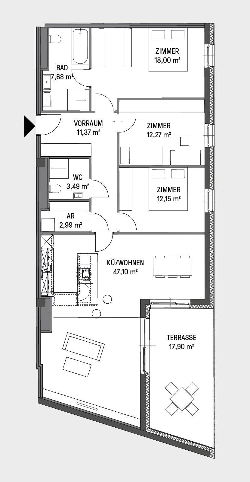 Grundriss einer Wohnung mit drei Zimmern, offener Küche und großer Terrasse.