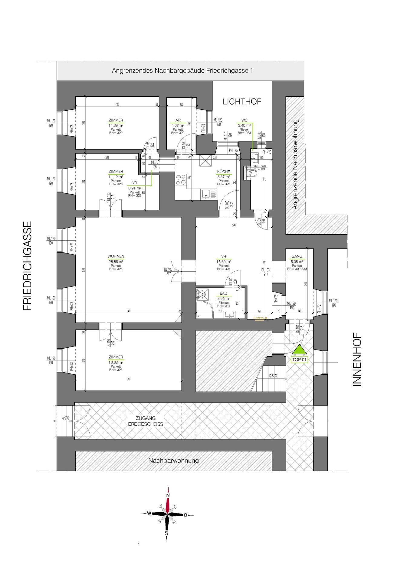 Detaillierter Grundriss der Wohnung Top 01 mit mehreren Zimmern und Zugang zum Innenhof.