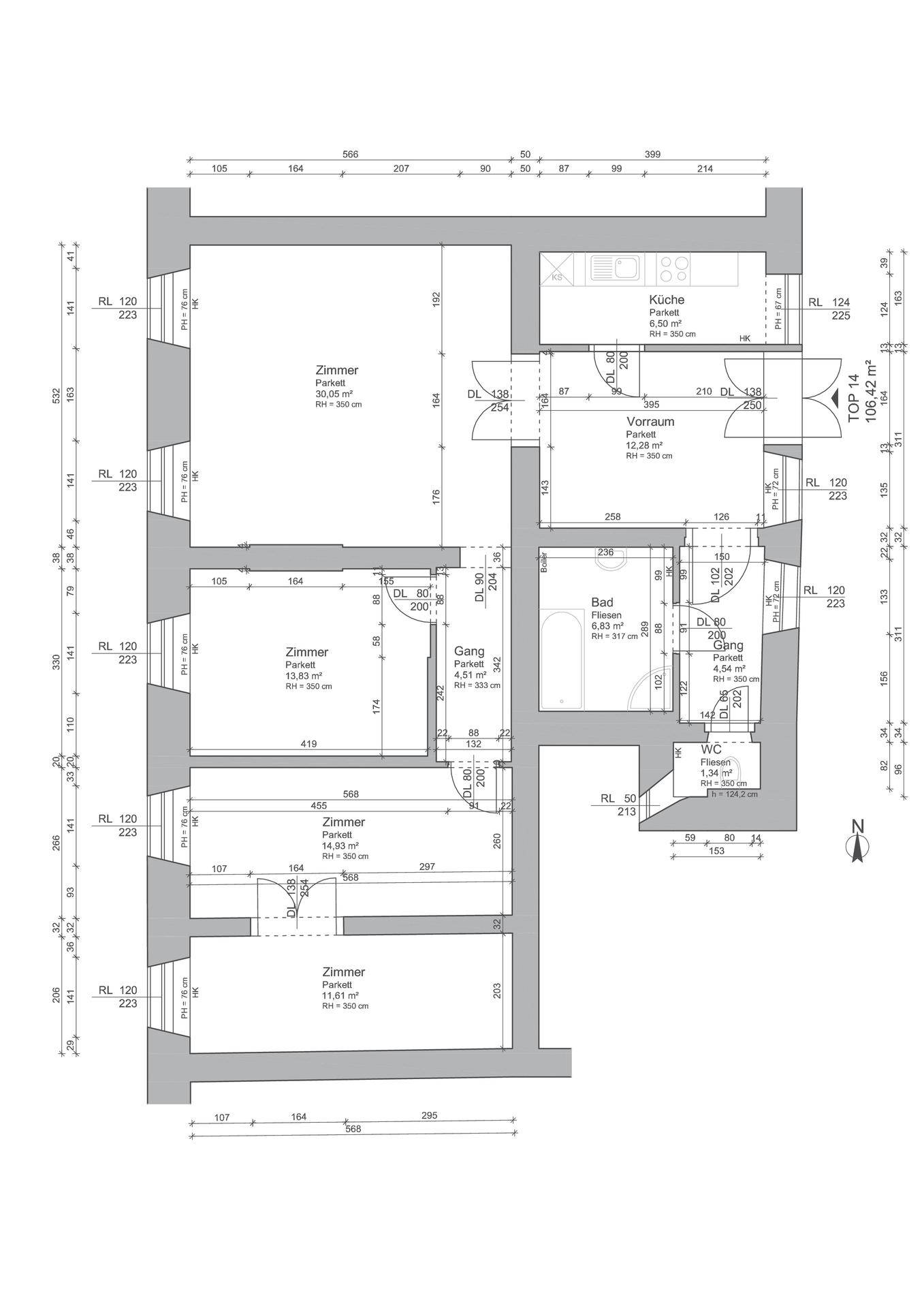 Grundriss einer Wohnung mit drei Zimmern, separater Küche und Bad auf 106,42 m².