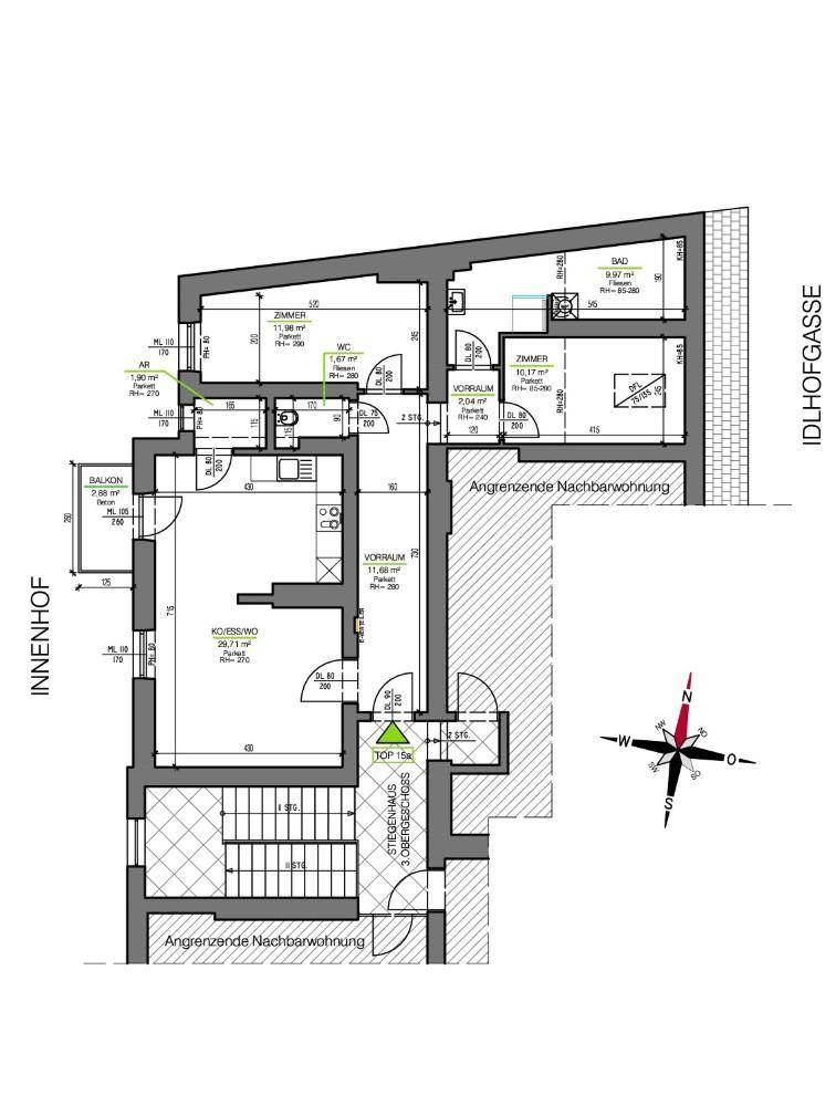Detaillierter Grundriss einer Wohnung mit Balkon, offenem Wohnbereich und mehreren Zimmern.