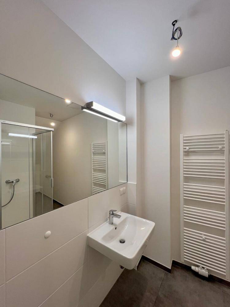 Modernes Badezimmer mit Dusche, Einzelwaschbecken, großem Spiegel und Handtuchheizkörper.