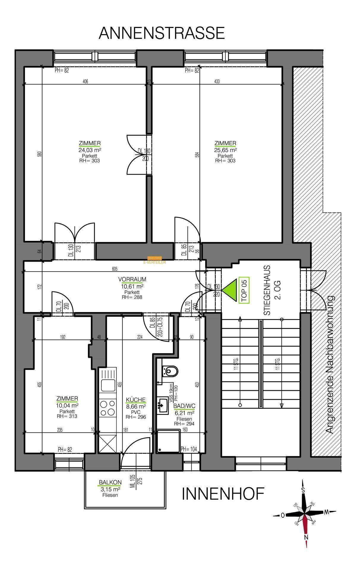 Grundriss der Wohnung im zweiten Obergeschoss mit drei Zimmern und Balkon.