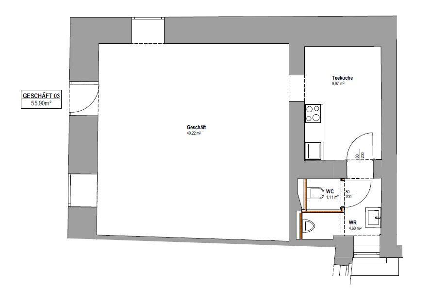 Grundrissplan eines Geschäftsraums mit Teeküche und separatem WC.