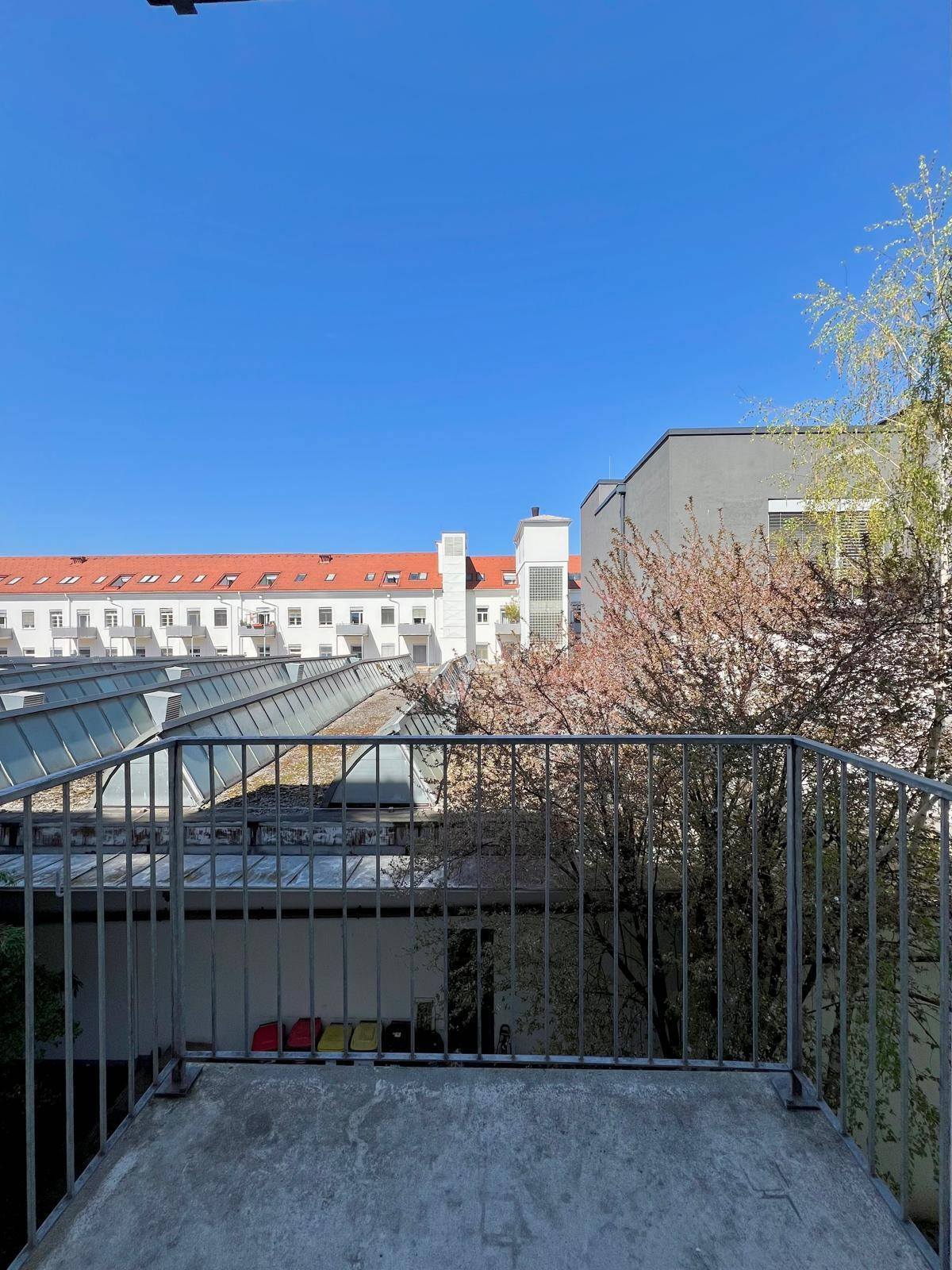 Balkon mit Blick auf die umliegenden Gebäude und blühende Bäume unter blauem Himmel.