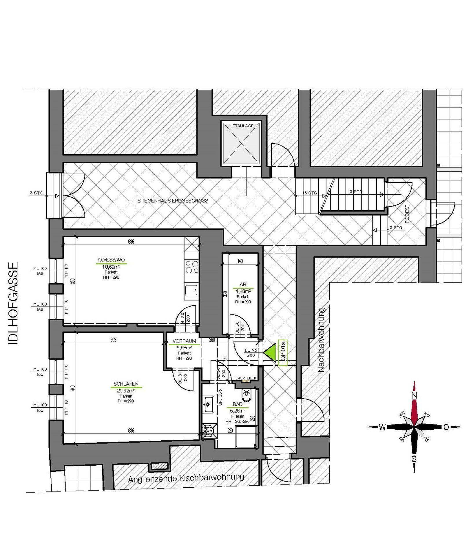Grundrissplan einer Wohnung mit Schlafzimmer, Wohnküche und Bad, inklusive Liftzugang.