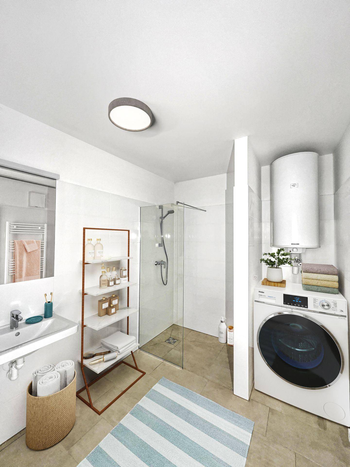 Modernes Badezimmer mit ebenerdiger Dusche, Waschbecken und integrierter Waschmaschine.