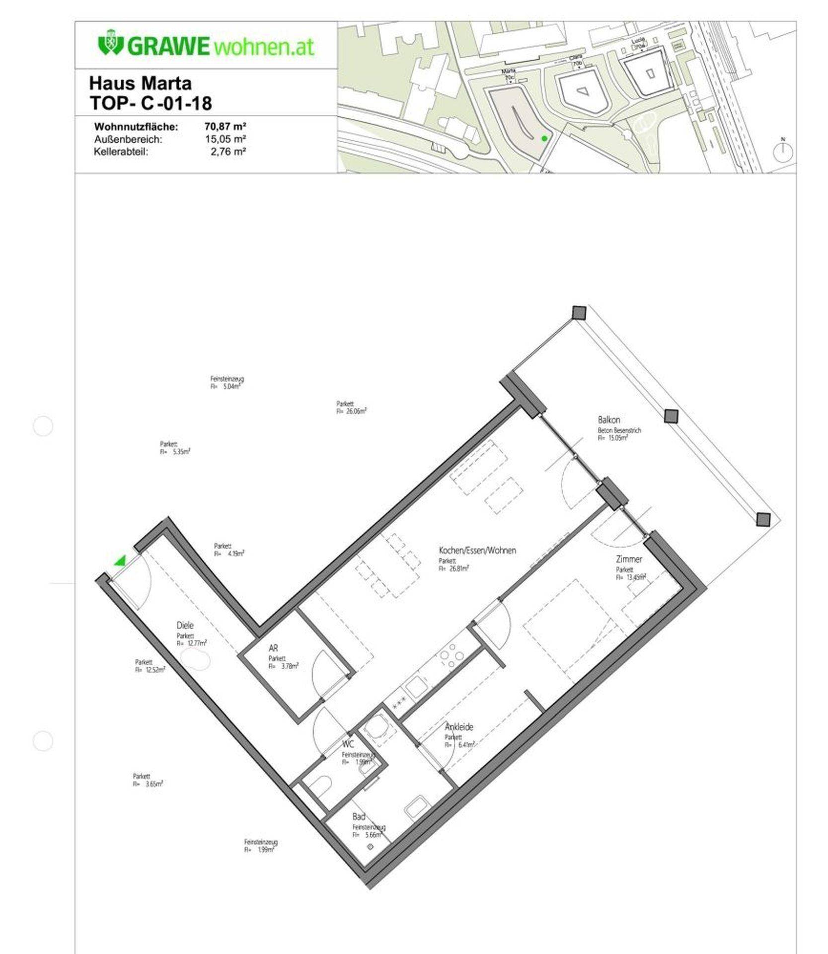 Grundrissplan einer Wohnung mit Balkon, offenem Wohnbereich und separatem WC.