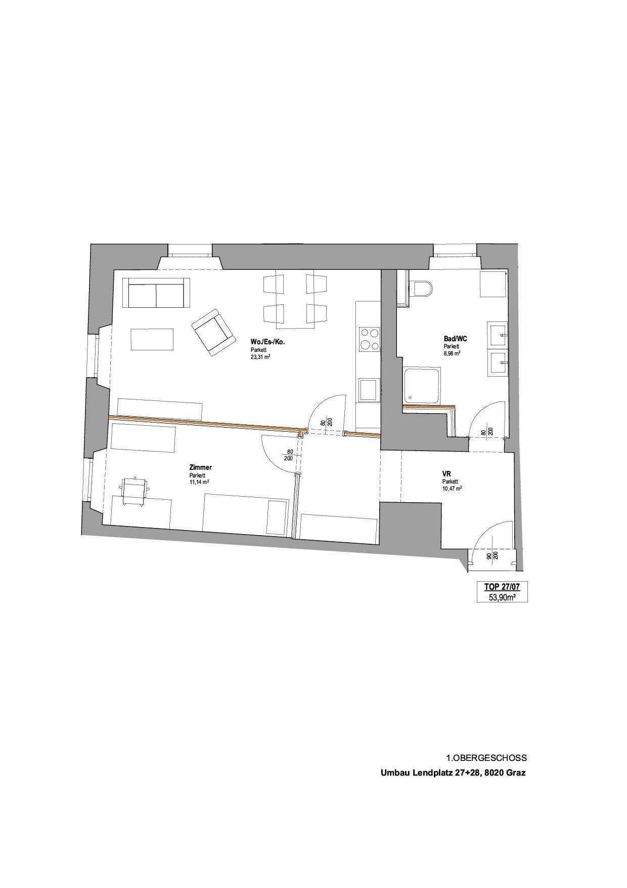 Grundriss des 1. Obergeschosses mit Wohn-/Ess-/Kochbereich, Zimmer und Bad/WC.
