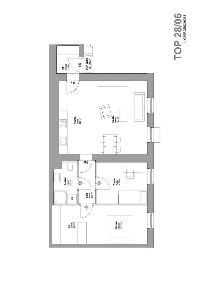 Grundriss der Wohnung TOP 28/06 im ersten Obergeschoss mit zwei Zimmern und offenem Wohnbereich.