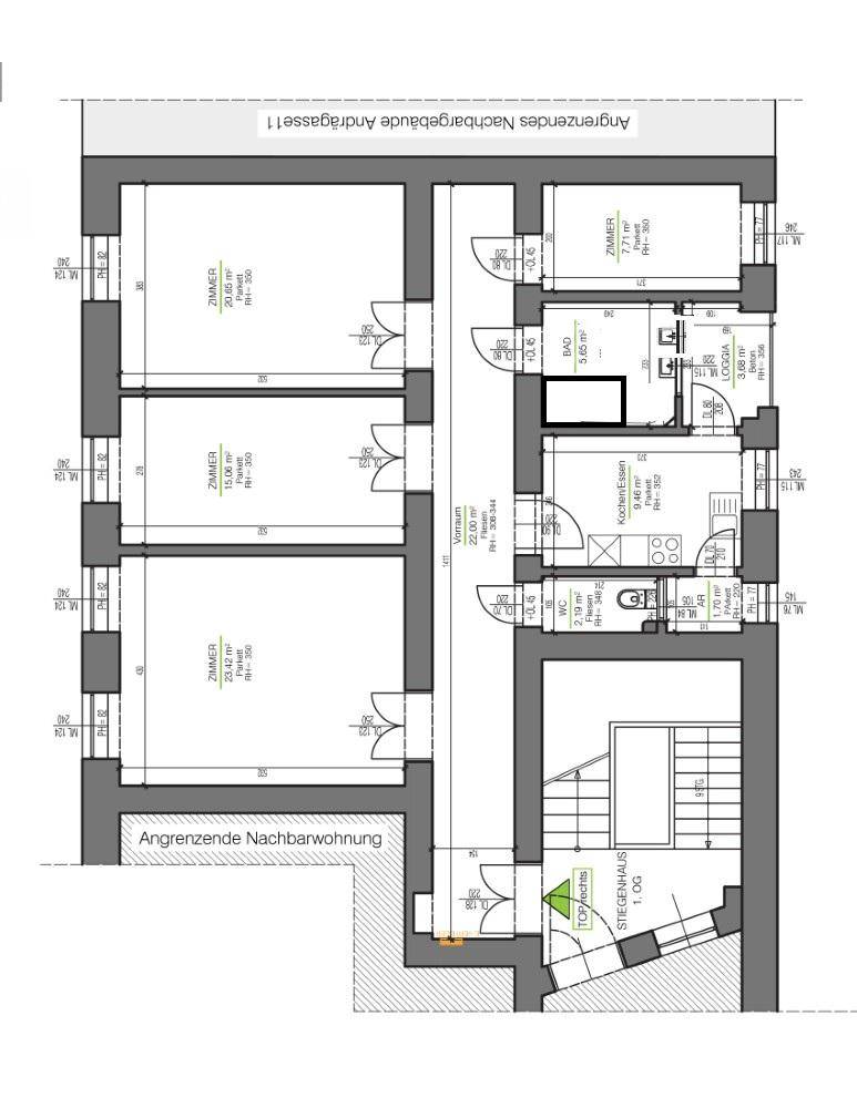 Detaillierter Grundriss der Wohnung mit Zimmern, Küche, Bad und Loggia.