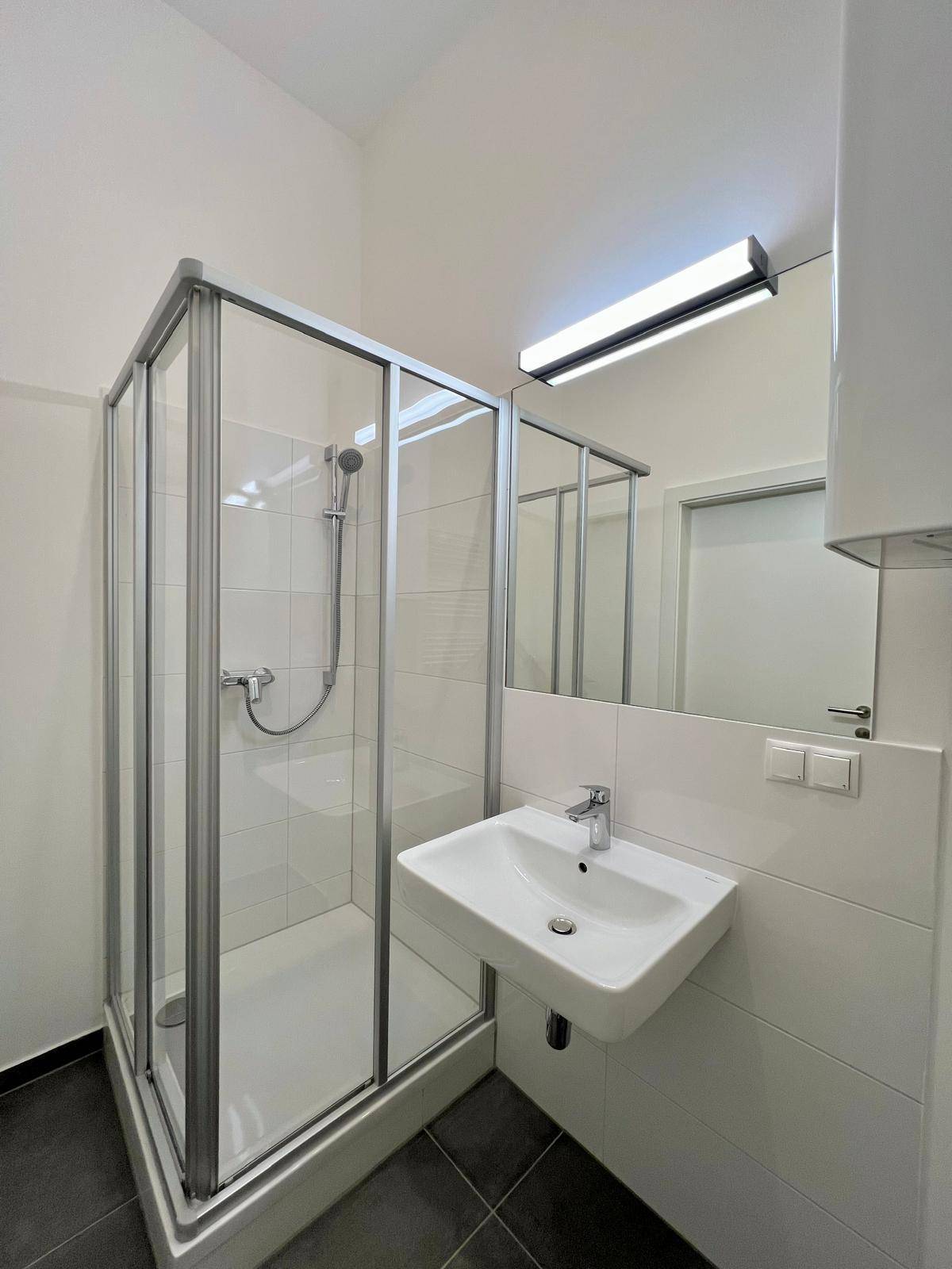 Modernes Badezimmer mit Duschkabine, Waschbecken und großem Spiegel.