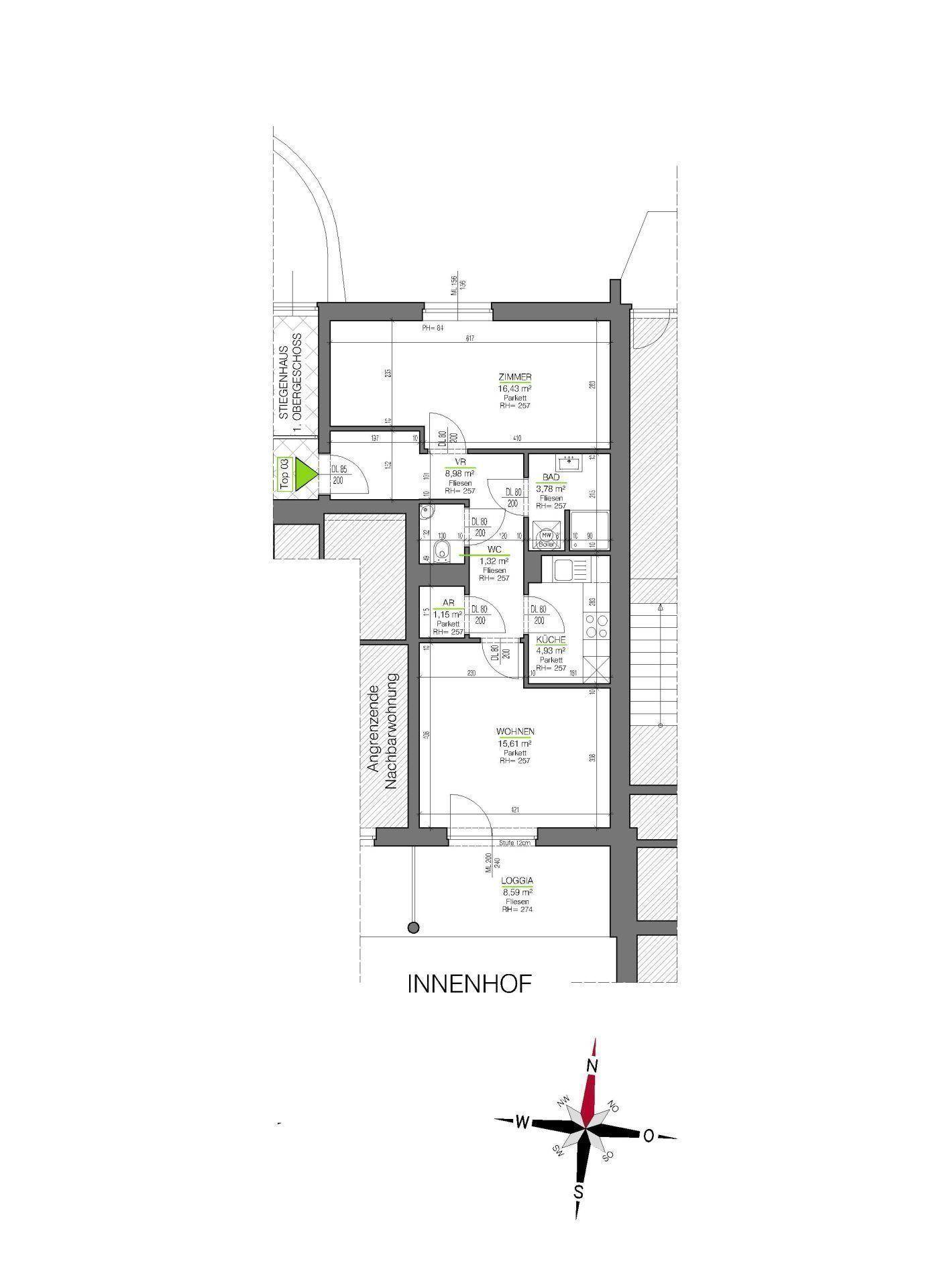 Grundriss einer Wohnung mit Wohnbereich, Schlafzimmer, Bad, WC, Balkon und Loggia.