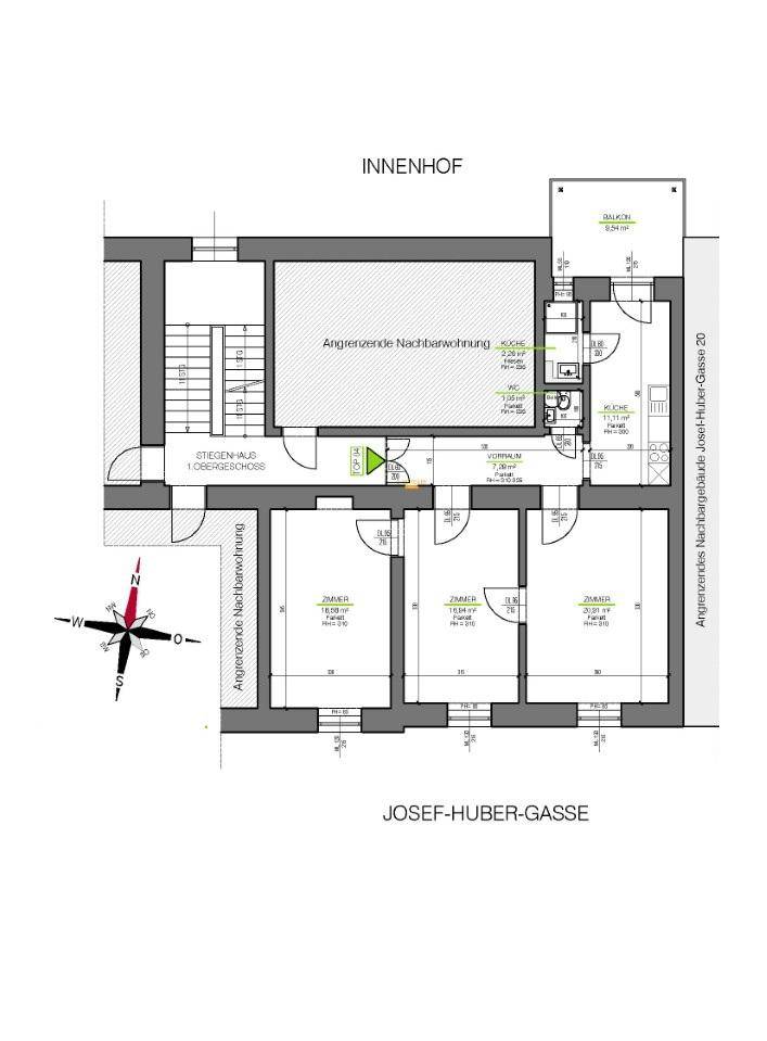 Grundrissplan einer Wohnung mit mehreren Zimmern, Balkon und Blick auf den Innenhof.