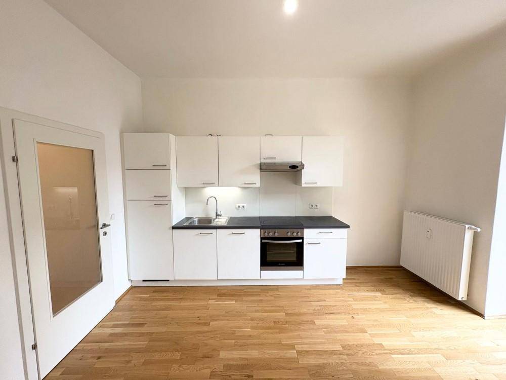Moderne Einbauküche mit weißen Schränken, dunkler Arbeitsplatte und Holzfußboden in hellem Raum.