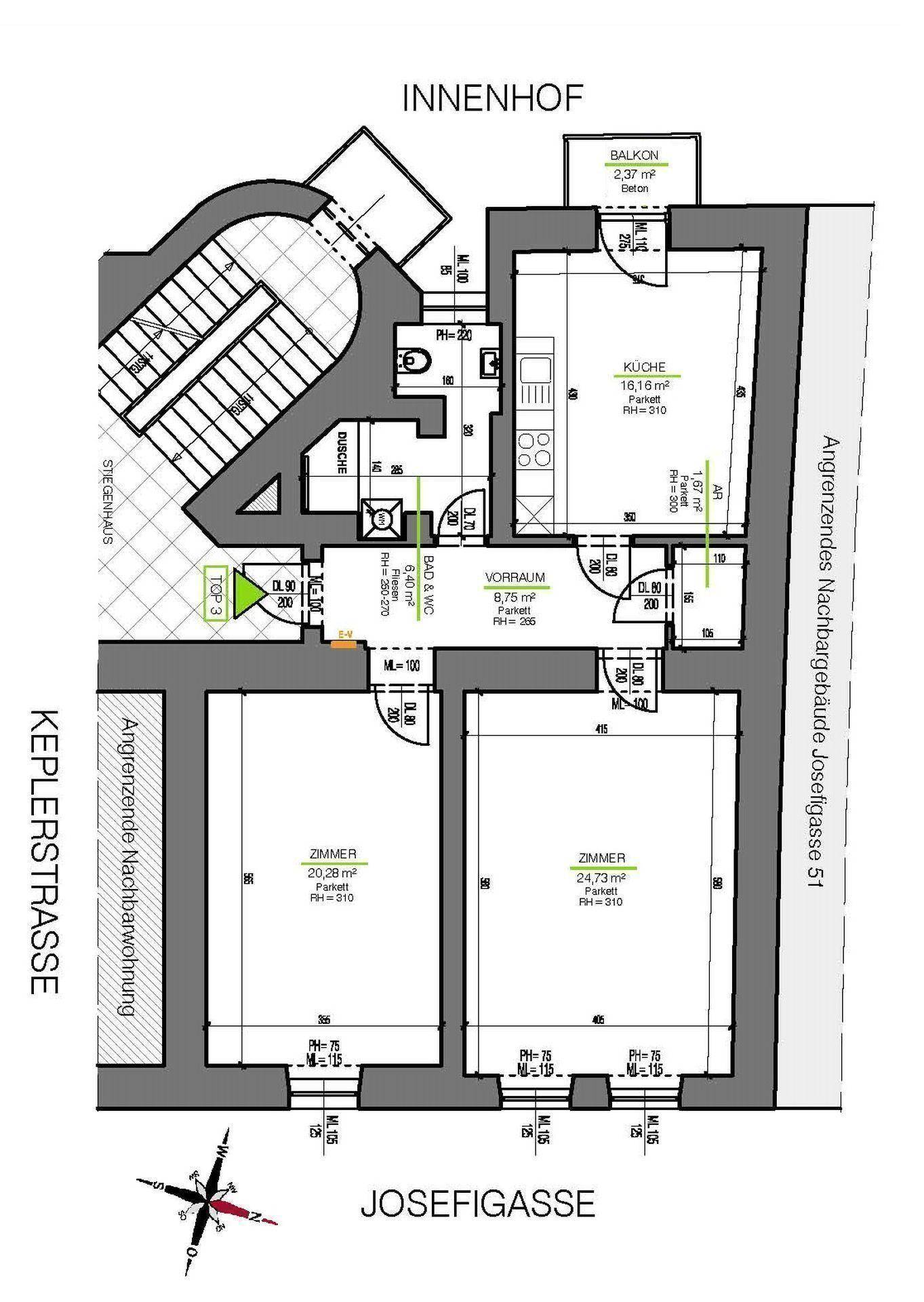Detaillierter Grundriss der Wohnung mit Zimmern, Küche, Bad und Zugang zu einem Balkon.