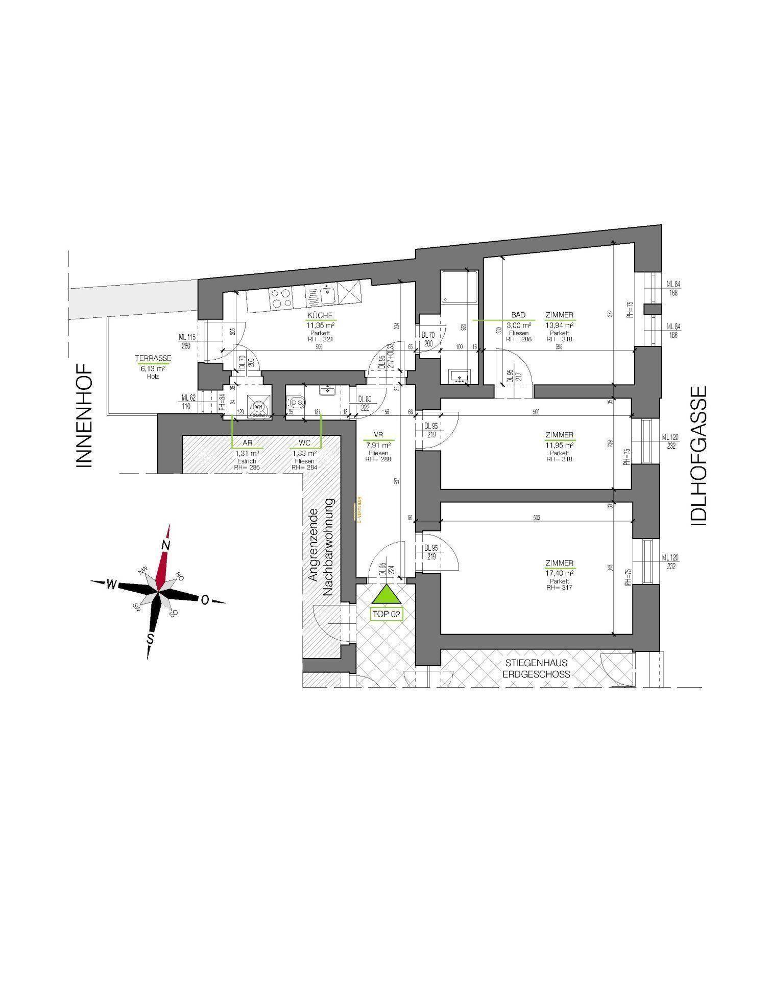 Grundriss der Wohnung mit Terrasse zum Innenhof und mehreren Zimmern.