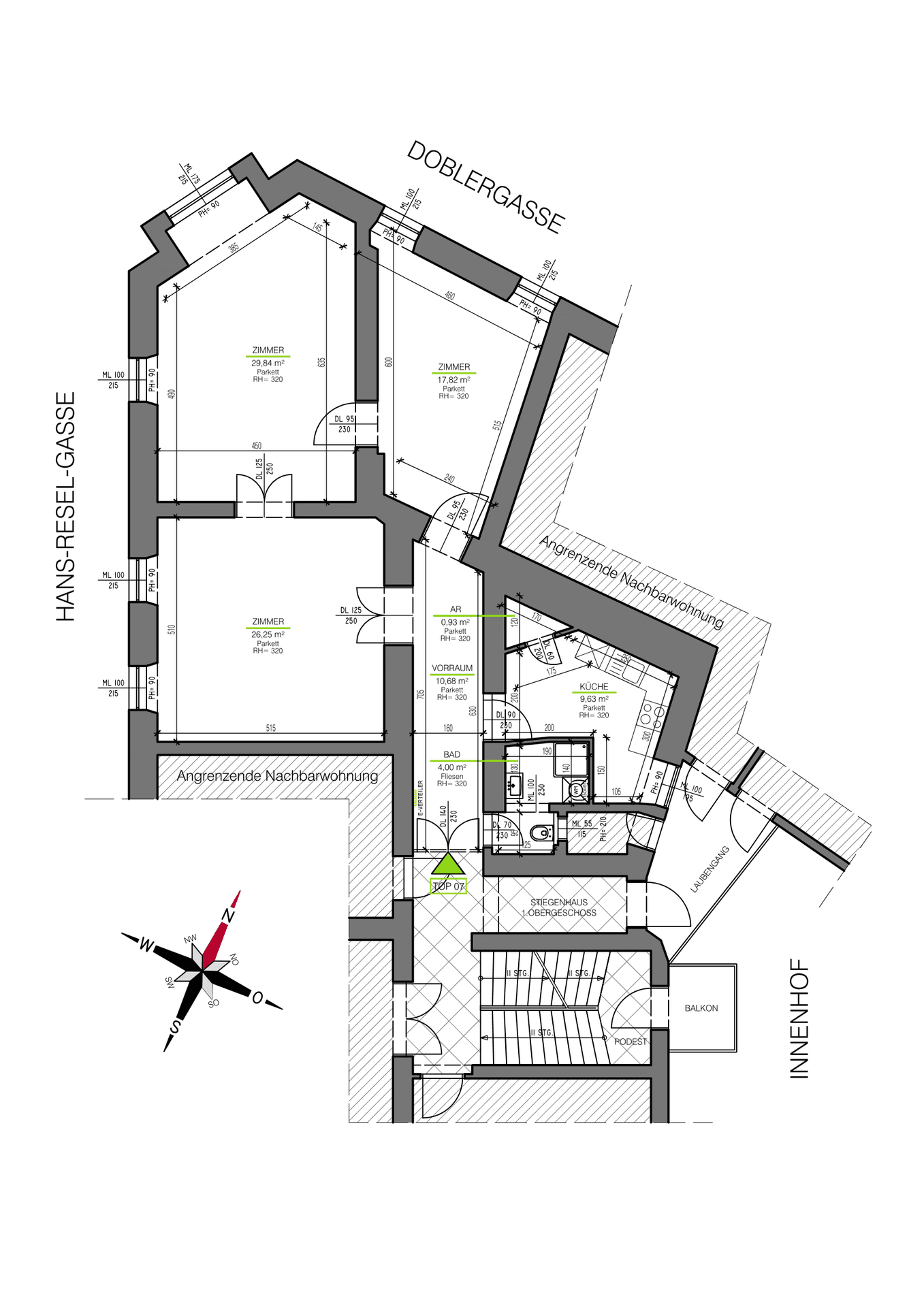 Grundriss einer Wohnung mit drei Zimmern, separater Küche, Bad und Zugang zu einem Balkon.