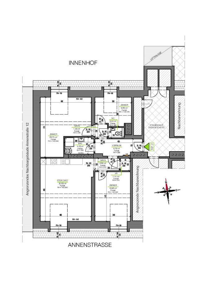 Detaillierter Grundriss einer Wohnung mit Blick auf den Innenhof und die Annenstraße.