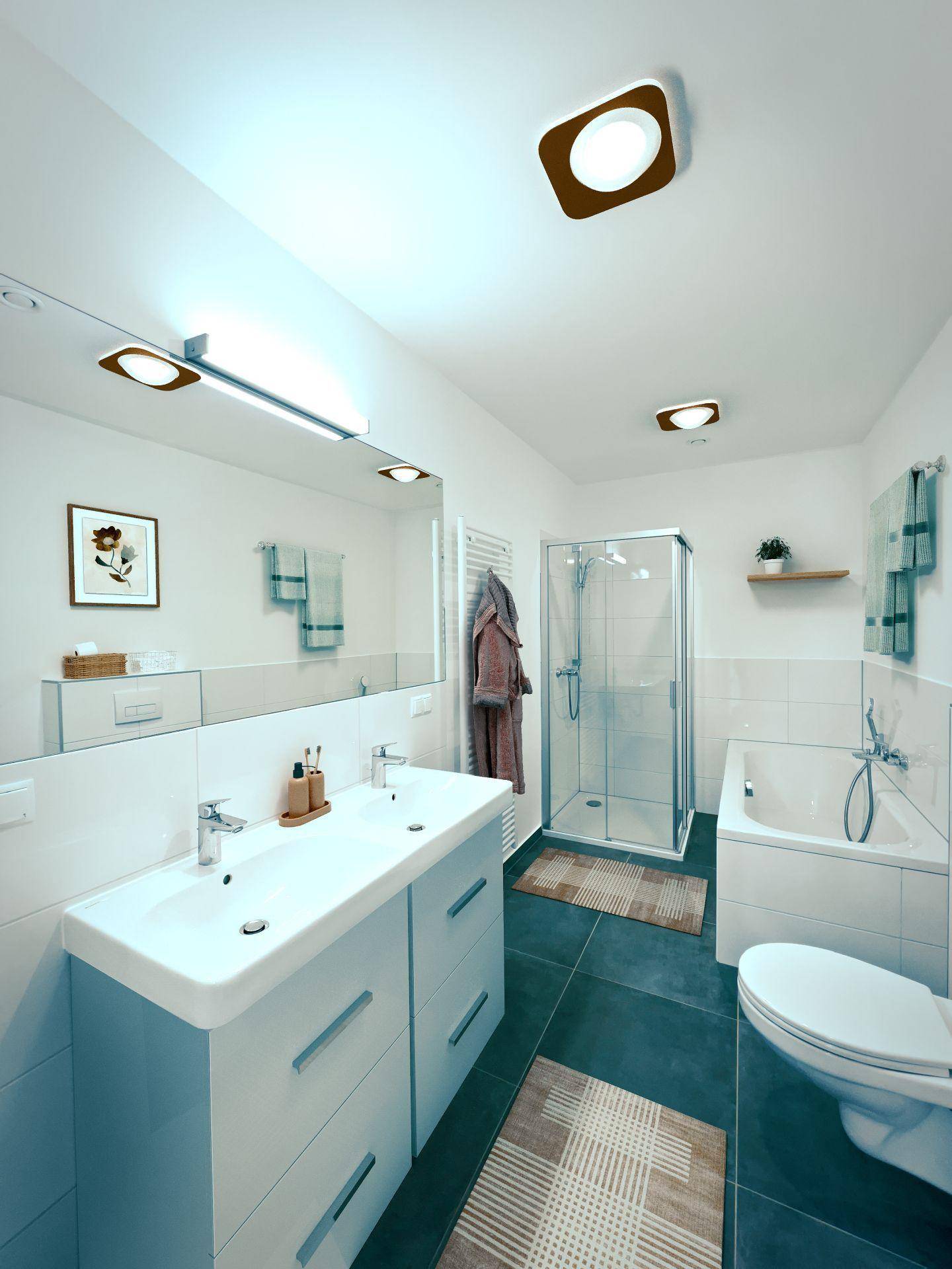 Modernes Badezimmer mit Doppelwaschbecken, Dusche und Badewanne.