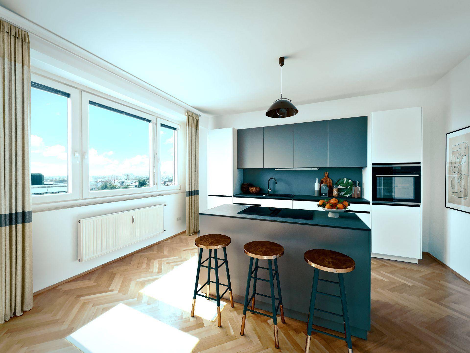 Moderne Küche mit Kücheninsel, integrierten Geräten und Fischgrätparkettboden.
