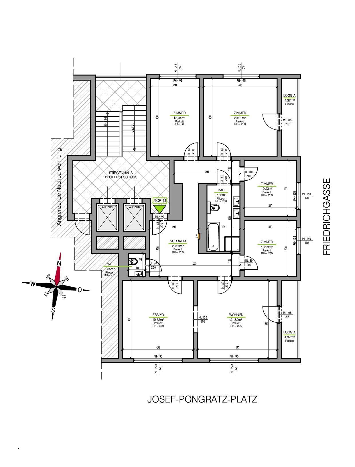Grundriss einer Wohnung im 11. Obergeschoss mit mehreren Zimmern und Loggien.