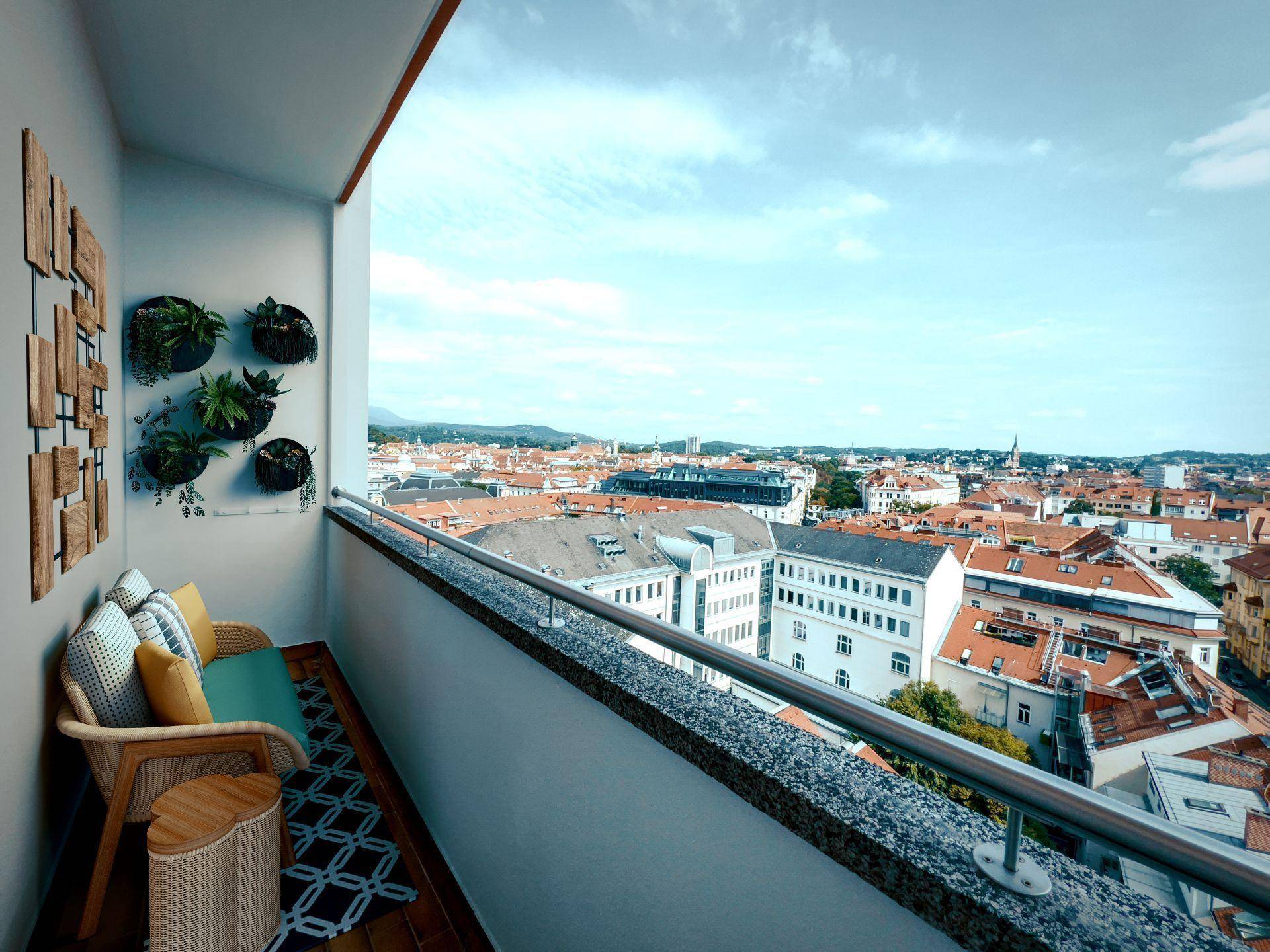 Möblierter Balkon mit Sitzgelegenheiten und Panoramablick über die Dächer der Stadt.