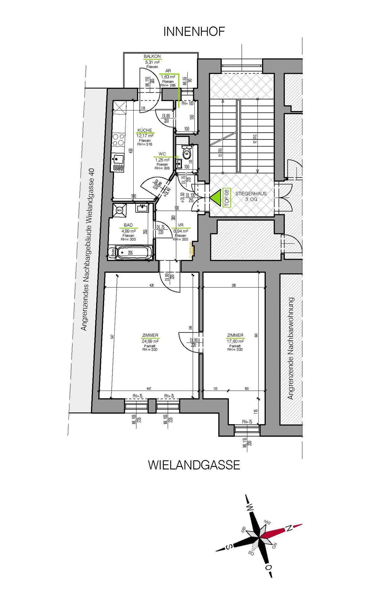 Grundrissplan einer Wohnung mit Balkon, Küche, Bad und zwei Zimmern zur Wielandgasse.