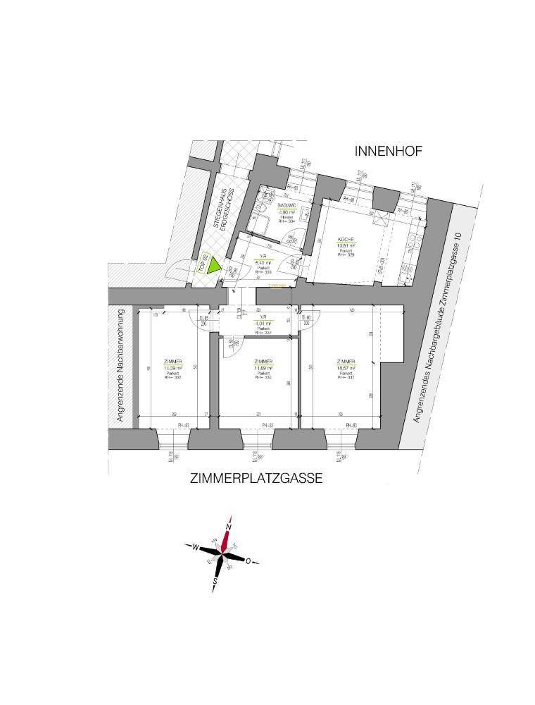 Grundrissplan einer Wohnung mit Blick auf den Innenhof und die Zimmerplatzgasse.