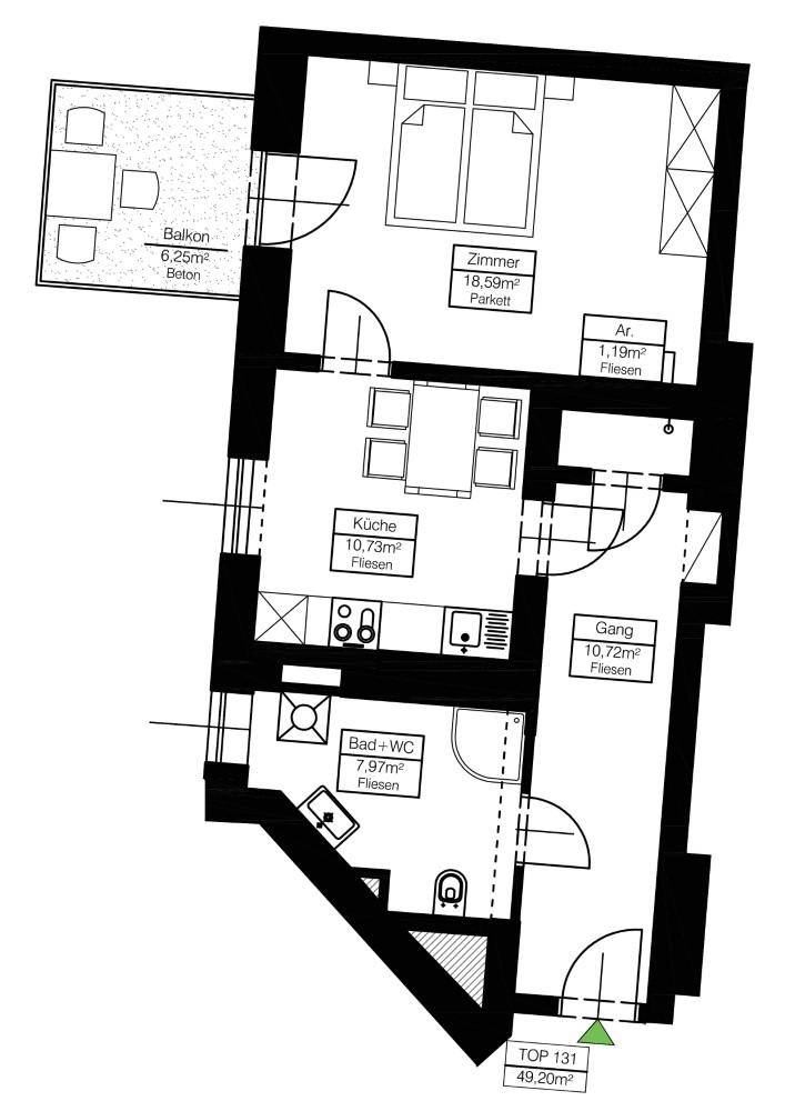 Grundriss einer Wohnung mit Balkon, Schlafzimmer, Küche, Bad und Flur auf 49,20m².