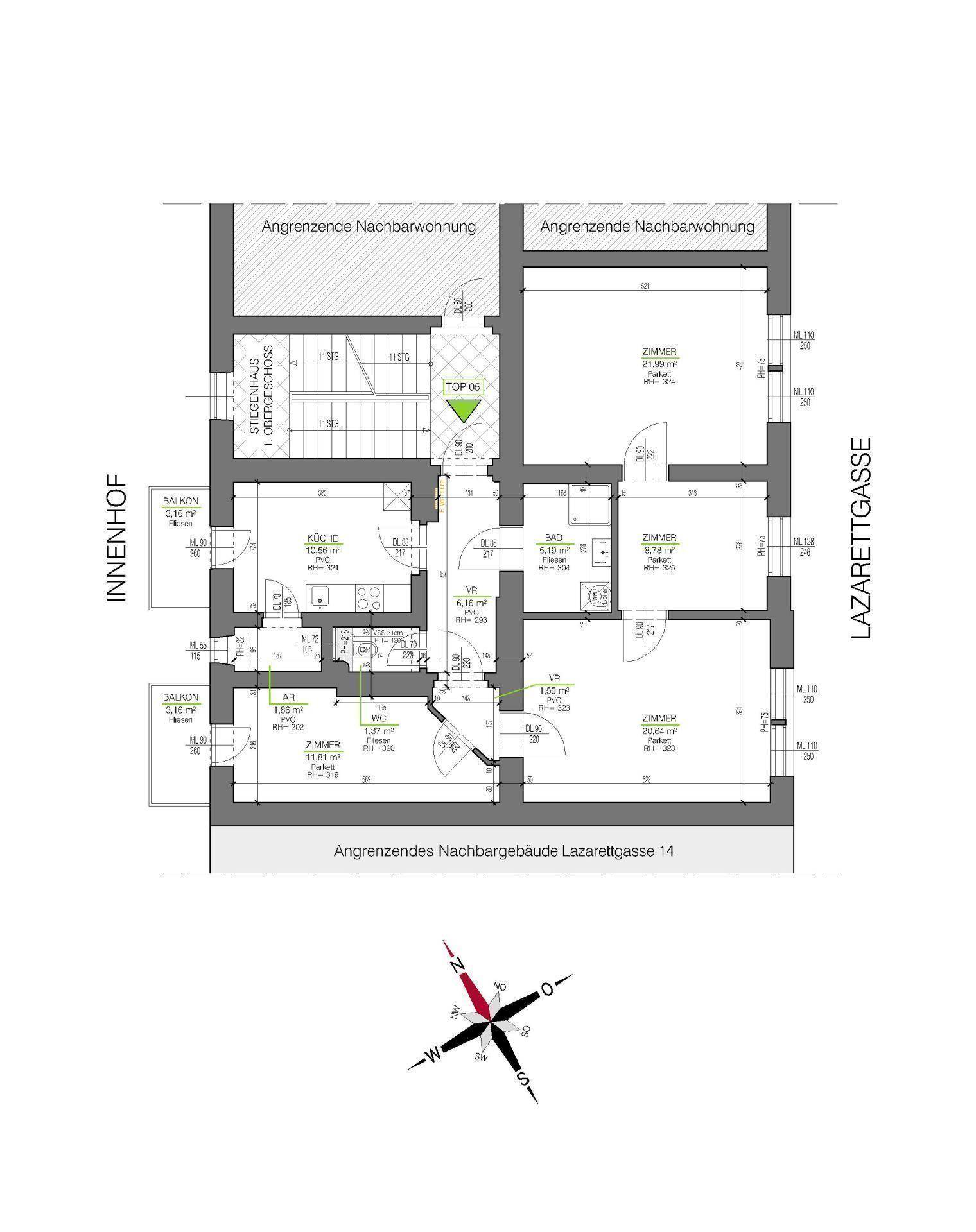Grundriss einer Wohnung mit mehreren Zimmern, Küche, Bad und zwei Balkonen.