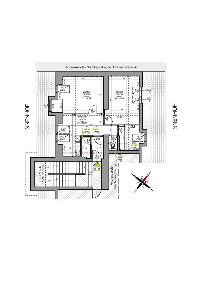 Detaillierter Grundrissplan mit Zimmeraufteilung und Zugang zum Innenhof.