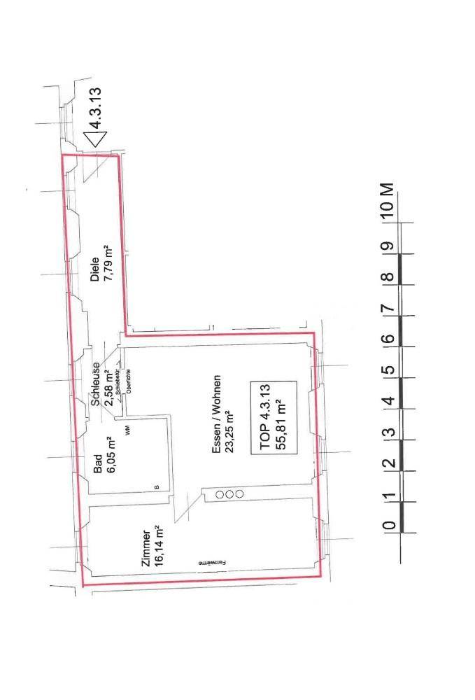 Grundrissplan einer Wohnung mit Zimmer, Bad, Diele und offenem Wohn-/Essbereich.