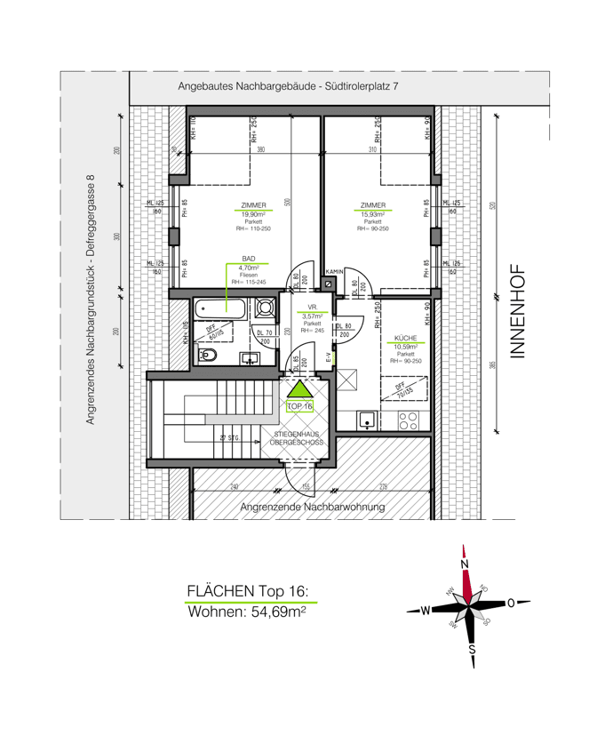 Detaillierter Grundriss der Wohnung Top 16 mit Zimmern, Bad und Küche.