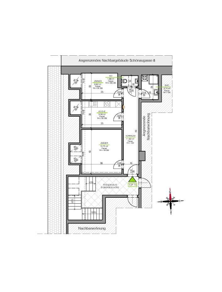 Grundrissplan einer Wohnung mit mehreren Zimmern, Küche und Bad, inklusive Treppenhaus.