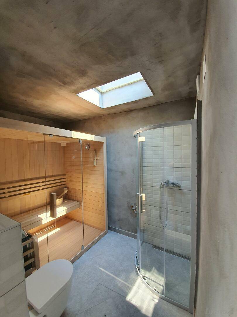 Modernes Badezimmer mit integrierter Sauna, Duschkabine und Oberlicht.
