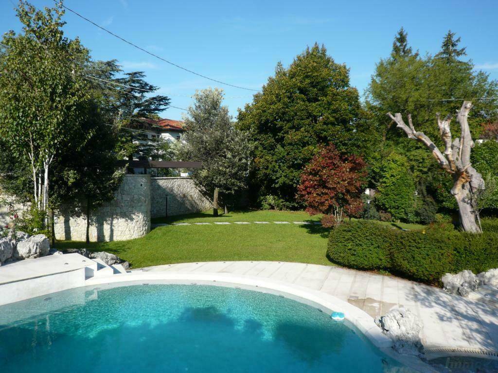 Großzügiger Gartenbereich mit geschwungenem Pool und üppiger Bepflanzung unter blauem Himmel.