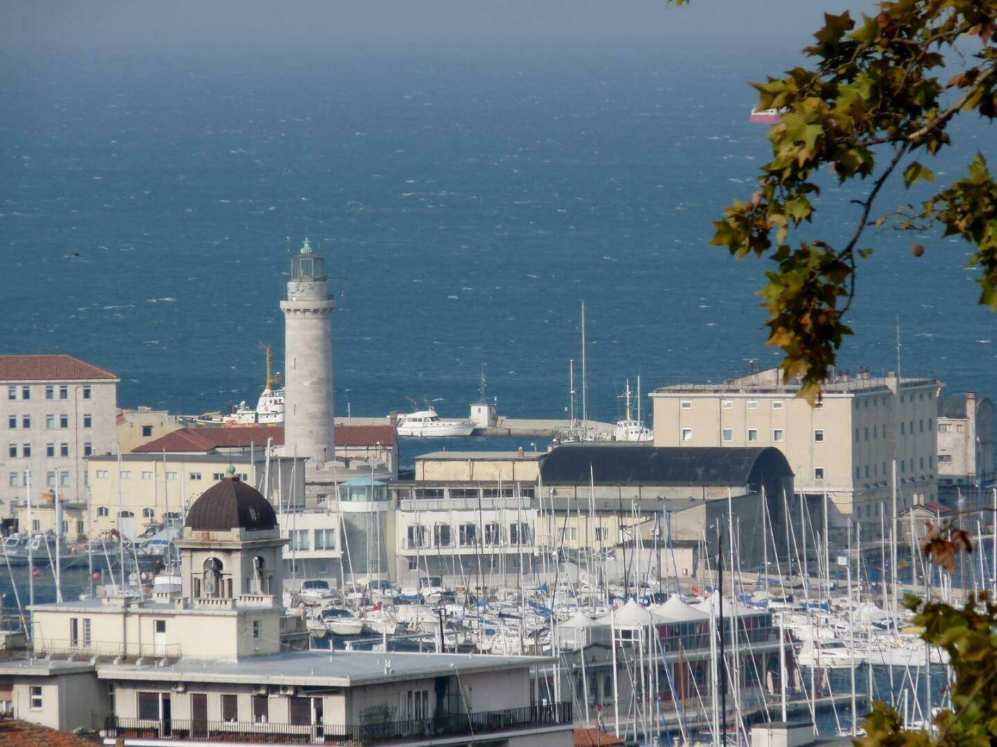 Blick auf den belebten Hafen mit zahlreichen Booten, einem Leuchtturm und historischen Gebäuden.