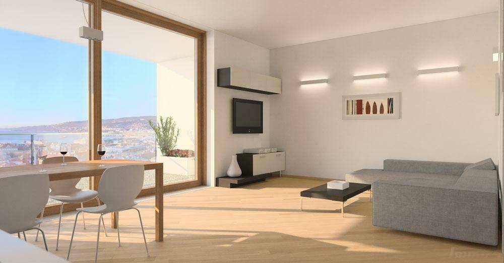 Modernes Wohnzimmer mit Holzboden, großen Fenstern und Zugang zu einem Balkon mit Meerblick.