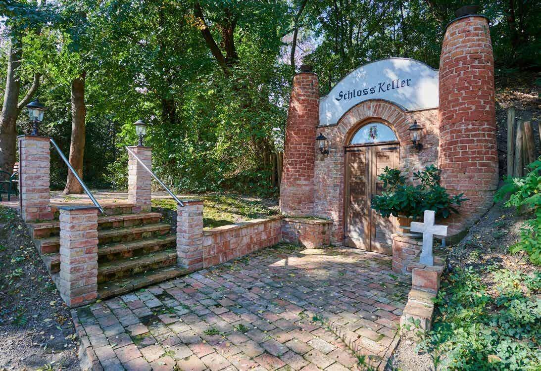 Historischer Eingang zum Schlosskeller mit Ziegelmauern und gepflastertem Weg.