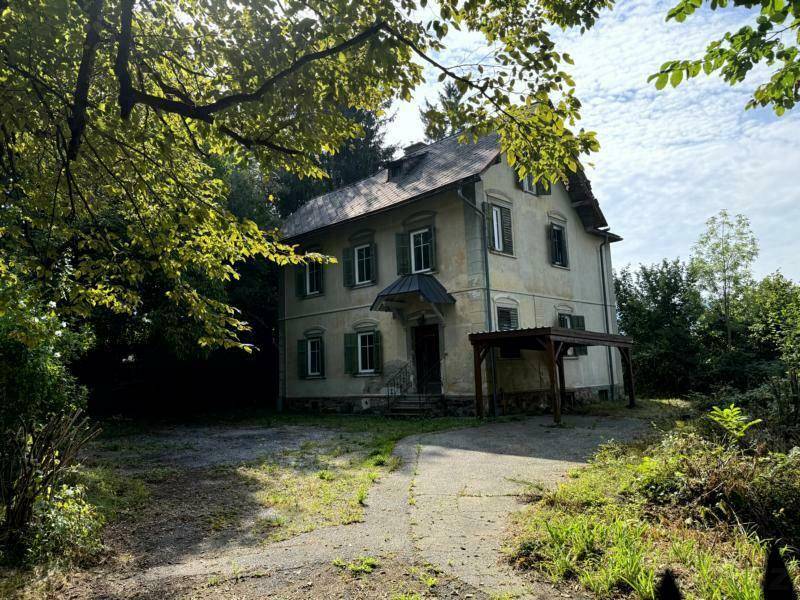 Freistehendes Haus mit Satteldach, umgeben von Bäumen und einer Zufahrt, die zum Eingang führt.