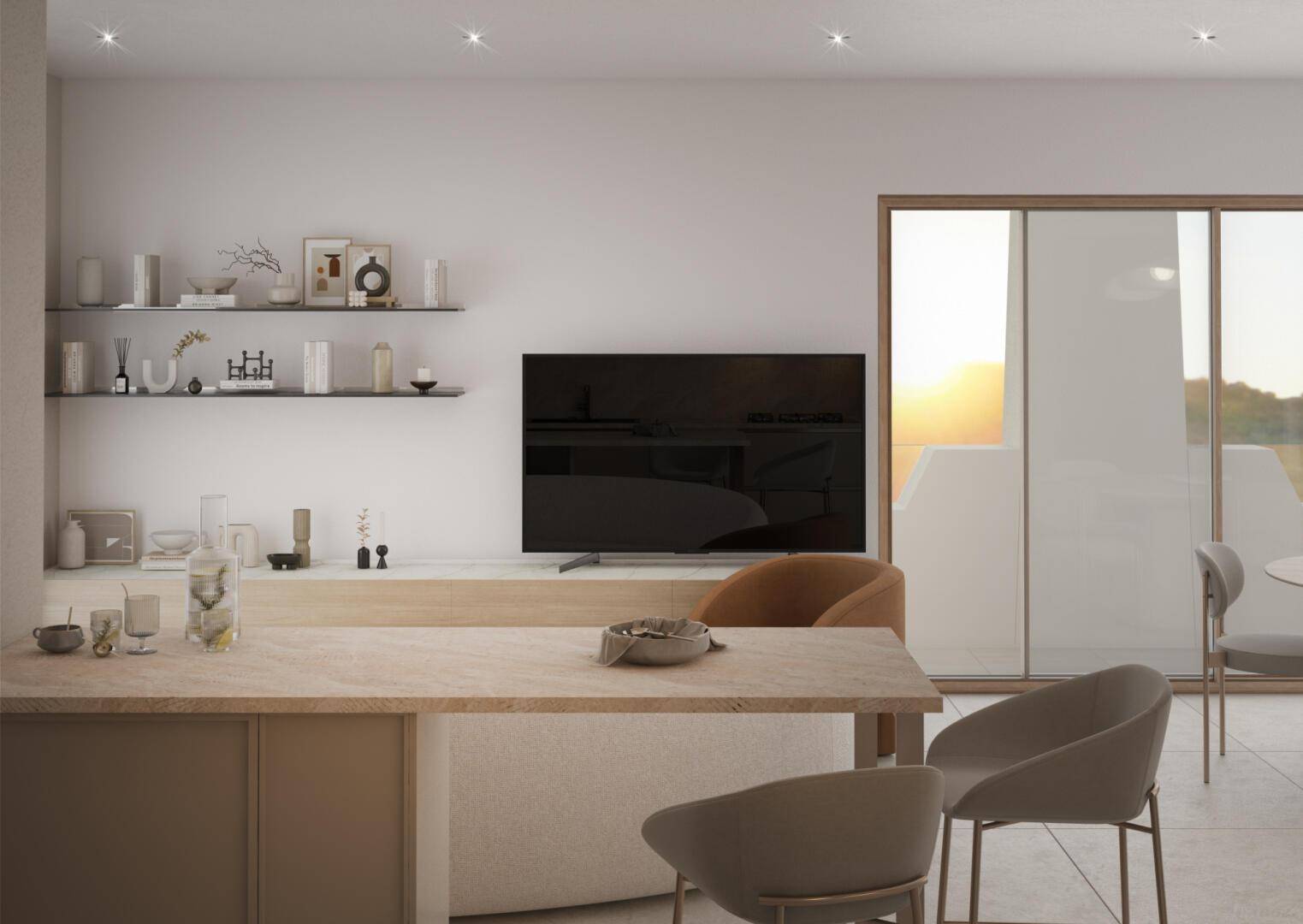 Moderner Wohnbereich mit Flachbildfernseher, minimalistischen Regalen und großen Fenstern zum Außenbereich.