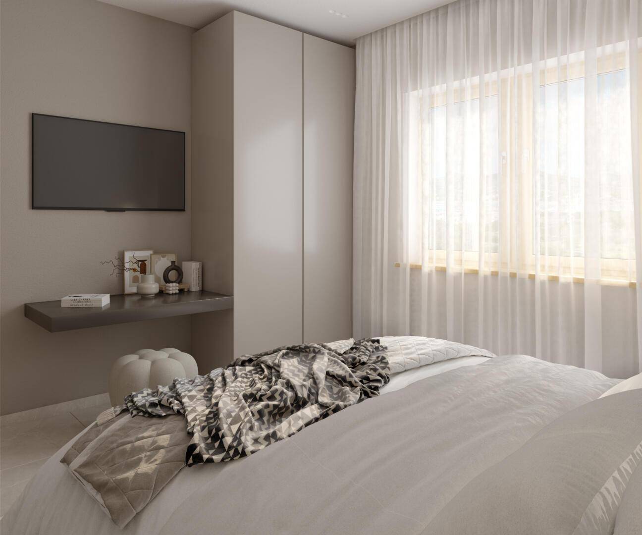 Helles Schlafzimmer mit großem Fenster, Einbauschrank und modernem Dekor in beruhigenden neutralen Farben.