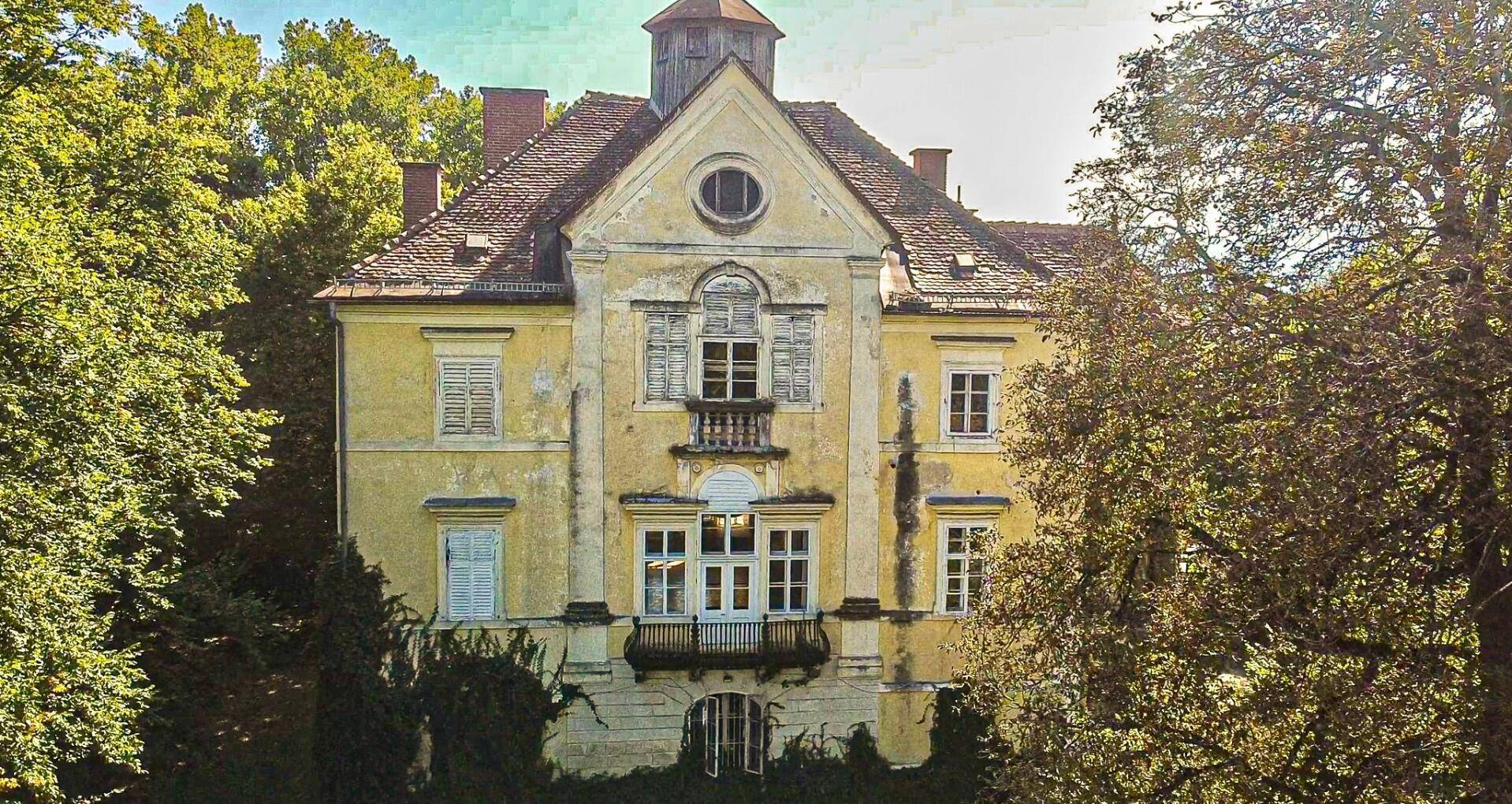 Historische Villa mit gelber Fassade, umgeben von altem Baumbestand unter blauem Himmel.