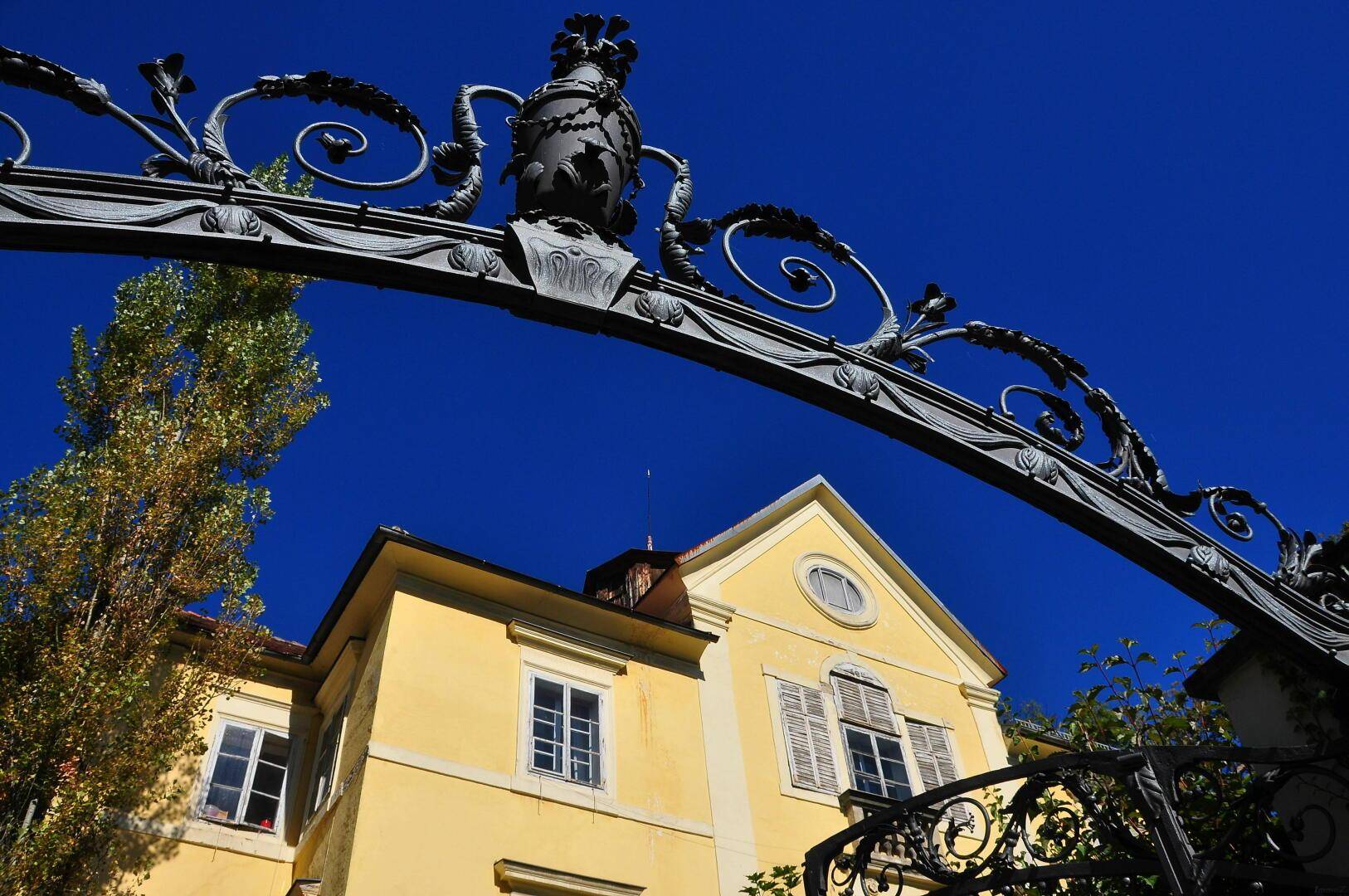 Detailansicht des schmiedeeisernen Tors mit kunstvollen Verzierungen vor der historischen Villa.