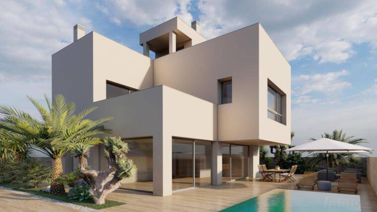 Moderne Villa mit Flachdach, Poolbereich und mediterraner Bepflanzung unter blauem Himmel.