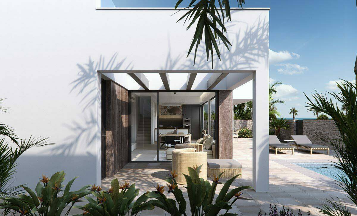 Moderne Gebäudefassade mit überdachtem Terrassenbereich, Pool und tropischer Bepflanzung.